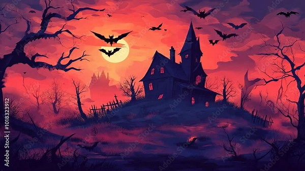 Haunted Mansion at Dusk: A haunting silhouette of a gothic manor, bathed in an eerie, crimson twilight, with bats flitting through the air. The scene evokes a sense of mystery and impending dread.