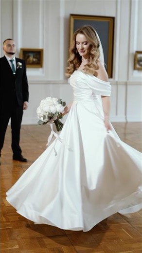 A bride in a white dress twirls in front of her groom, an idea for a wedding video✨