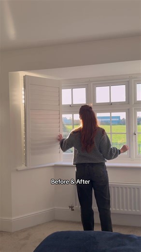 A simple change that transforms the whole room ✨ We believe plantation shutters will be one of the top home upgrades this year and this before & after proves why! #plantationshutters #shutters #bedroommakeover #hometransformation