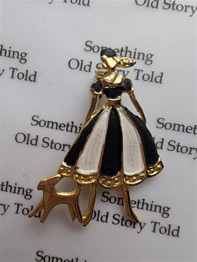 Vintage Enamel Lady Walking Dog Brooch, Gold Tone Art Deco Style Figural Pin - Etsy