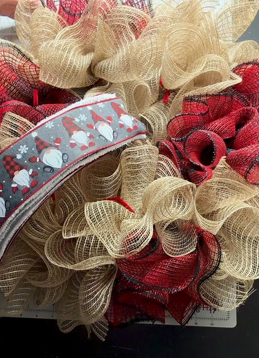 Wait until you see how these buffalo plaid gnome ribbons transform our wreath base: #WreathMaking #ChristmasWreath #DIYWreath #HolidayDecor #GnomeRibbon #PlaidWreath #ChristmasCrafts #WreathTutorial #DecoMeshWreath #FestiveDecor #HandmadeHoliday #CraftWithMe | Peekaboo Wreaths