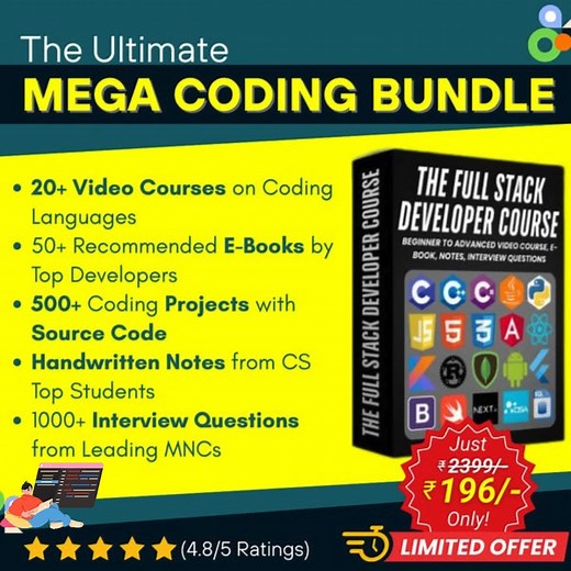 Techsage Hub on Instagram: "Link in bio 🚀 Kickstart Your Coding Career with the Ultimate Mega Coding Bundle! 👨‍💻✨ 🔹 Whether you're a beginner or a pro, this all-in-one bundle has everything you need to learn, grow, and master coding—and it’s yours for just ₹199! 🌟 What’s Included? ✅ Lifetime Access to 20+ Programming Languages ✅ Courses from Beginner to Advanced Levels ✅ In-Depth E-books & Notes for Every Topic ✅ Expertly Curated Interview Questions from Top Companies ✅ 100% Flexible Learni