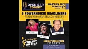 Join us Tuesday, March 25 for a special event comedy filming as 3 Powerhouse Headliners film their Comedy Specials with Open Bar Comedy! THREE Headliners in One Show! From Real Radio 104.1 in Orlando, we have Rauce Padgett, the hilarious comedy of Missy Hall and comedy veteran Randy Lucas from LA take the McCurdy's Stage! If you haven't witness a live filming at McCurdy's, this is your chance! | Open Bar Comedy