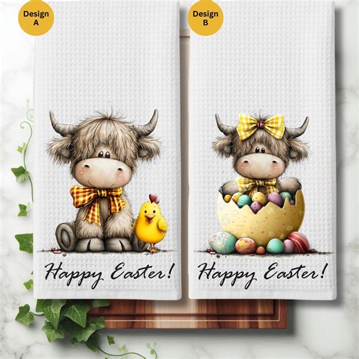 Easter Cows Kitchen Towel: Highland Cow Hand Tea Dish Towel Decor - Etsy