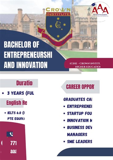 🚀 Applications Now Open – Bachelor of Entrepreneurship and Innovation 🇦🇺 Do you dream of starting your own business? Leading a company? Creating innovative solutions that make a real impact? The Bachelor of Entrepreneurship and Innovation is designed for ambitious students who want to become future business leaders and changemakers. This program focuses on developing creativity, leadership skills, strategic thinking, and real-world business knowledge to help you successfully launch, manage, a