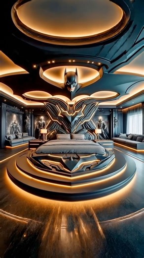We created an adult Batman themed bedroom! 🙌 This bedroom is full superhero mode. Giant bat themed headboard, moody glow lighting everywhere, and a bed that looks like it rolled straight out of a movie set. It’s equal parts sleek luxury and secret lair energy, with just enough drama to make bedtime feel epic. Honestly, if you’re going to sleep, you might as well do it in a room that says “main character.” Would you live with this every day, or is it too much? #interiordesign #batman #homedesign