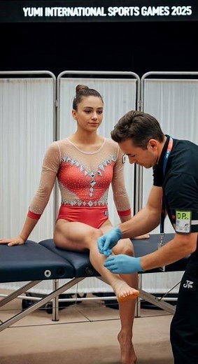 Doctor checks gymnast’s ankle during competition — a tense moment #gymnastics #sports