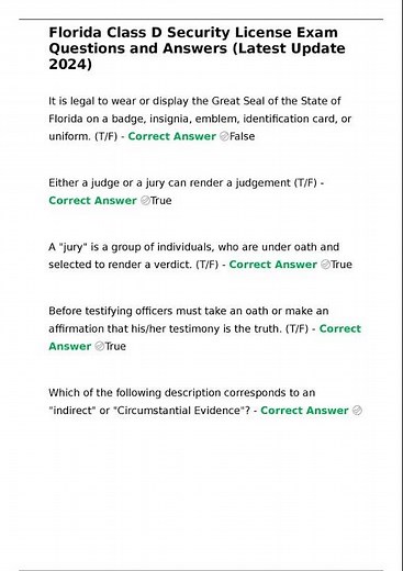 Florida Class D Security License Exam Questions and Answers Latest Update 2024