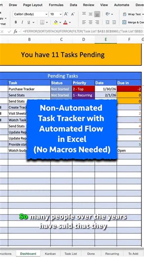 If you’ve wanted to get organized with my automated task tracker but can’t use Macros or Google Sheets at work, this Non-Automated task tracker in Excel follows the automated flow super closely with minimal manual intervention. There’s a full tutorial on YT or you can find a prebuilt template at Sheetsbyolan.com #tasktracker #excel #templatetutorial | Sheets By Olan
