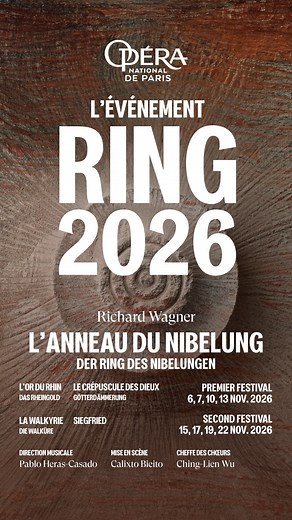 ⭕ 2026 sera l’année du RING à l’Opéra de Paris. ✨ Découvrez les œuvres de la tétralogie de Richard Wagner lors de deux festivals. 🎶 Un événement qui rassemble un casting exceptionnel d’interprètes dans la mise en scène de Calixto Bieito, sous la direction musicale de Pablo Heras-Casado. 🎭 En parallèle à cette grande odyssée musicale et théâtrale de quatre opéras, retrouvez : - Une exposition sur le cycle wagnérien “La révolution du Ring” en partenariat avec la Bibliothèque nationale de France