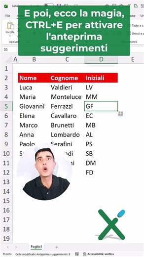 EXCEL TRUCCHI: 💚😉 Estrarre le iniziali: flashfill #exceltips