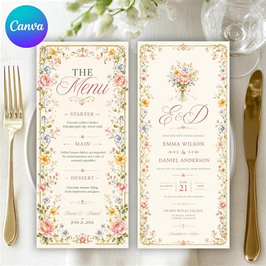 Wildflower Wedding Menu Template, Editable Canva Floral Reception Menu Card, 4x9 Boho Garden Wedding Menu, Spring Wedding Digital Download - Etsy