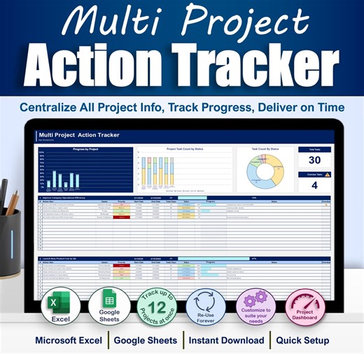 Multi Project Action Tracker Excel & Google Sheets | Project Management Tool | Task Tracker Spreadsheet | Goal Planner | Digital Template - Etsy Australia