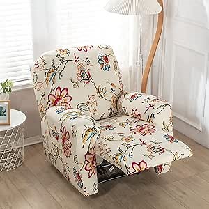 Peryiter 4 Pcs in 1 Set Recliner Cover Floral Printed Recliner Covers with Pockets Chair Slipcovers Printed Collection Slipcover Furniture Protector with Elastic Bottom for Living Room