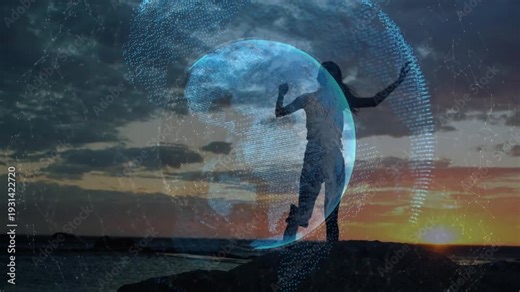 Woman crouching on rock shore globe appearing center rotating as she rising balancing for tech demo