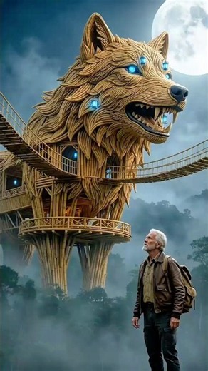 Old Man Escapes a Giant Wolf Into a Secret Bamboo Fortress! 🐺🌿 #shorts