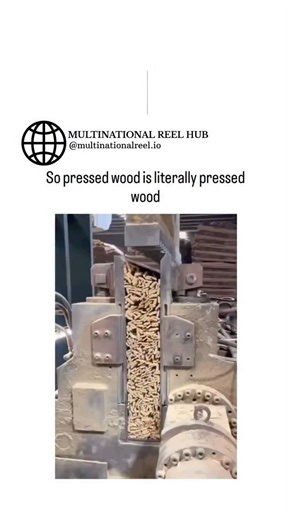 🌎 MULTINATIONAL REEL HUB on Instagram: "The X post shares a 30-second video of particleboard production, showing wood chips being fed into a hydraulic press to form dense sheets, emphasizing the straightforward "pressed wood" name with a humorous caption. Particleboard manufacturing recycles wood waste mixed with resin, then compresses it at high temperatures and pressures up to 50 atmospheres, producing over 56 million cubic meters globally in 2024 for affordable furniture and construction. Po