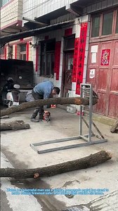 Man Uses a Homemade Log Stand to Cut Firewood Safely