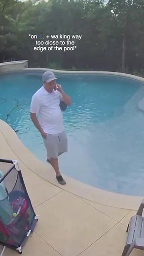 Man Almost Falls into Pool While on Phone