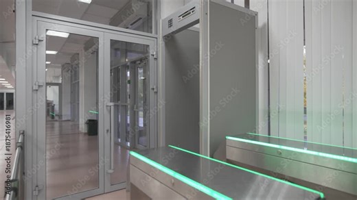 Entrance hall features turnstile and metal detector frame beside glass doors. Security layout ensures controlled access and visitor safety