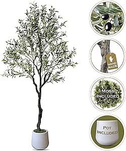 Handmade Faux Olive​​ Tree 6FT, Fake Olive Tree with Pot Natural Looking Trunk Fruits, Olive Trees Artificial Indoor Outdoor