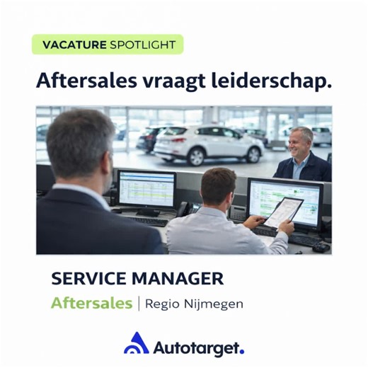 Aftersales vraagt leiderschap. Voor een sterke automotive organisatie in de regio Nijmegen zoeken we een Service Manager Aftersales die overzicht houdt, keuzes durft te maken en zijn serviceadviseurs aanstuurt op kwaliteit en resultaat. Meer weten of direct reageren? 👉 https://autotarget.nl/vacatures/servicemanager-automotive-aftersales-manager-service-manager-nijmegen-via-autotarget-aUVkWPYRzBA9H7bT/