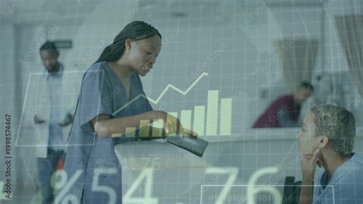 Healthcare nurse approaching patient at desk tapping tablet explaining data as HUD charts animating