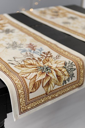 Gold Tapestry Table Runner, Christmas Poinsettia Pattern, Holiday Table Decor, Festive Textile - Etsy