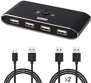 USB Switcher Hub, 2 Computers Sharing 4 USB 2.0 Devices USB Keyboard and Mouse Switch Box Selector 2 in 4 Out for Printer Scanner with Micro USB Power Cable and 2 USB A Cable
