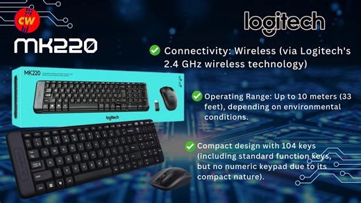"🚀 Elevate your productivity with the Logitech MK220 Wireless Keyboard & Mouse Combo! ✨ 🖱️ Wireless Freedom: 2.4 GHz connectivity for a smooth, lag-free experience – up to 10 meters range! ⌨️ Compact & Quiet: Space-saving design with quiet, comfortable typing. 🔋 Long Battery Life: 24 months for the keyboard, 12 months for the mouse. 🖥️ Plug & Play: No software required – just plug in the USB receiver and you're ready to go! 💻 Compatibility: Works with Windows, Mac, and Linux for a seamless 