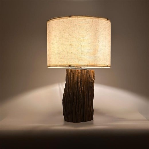 Handcrafted Rustic Wood Table Lamp – Natural Wooden Base, Warm Linen Shade, Cozy Wabi Sabi Home & Cafe Decor - Etsy