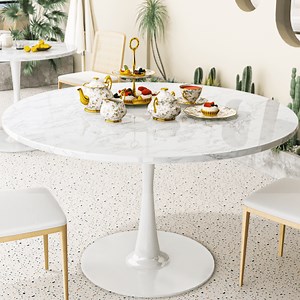 DKLGG 42"Round Dining Table，Elegant Tulip Table Round for Kitchen with Marble Dining Table and Base，Mid-Century Modern Round Coffee Table，Kitchen Living Room Home Office, White