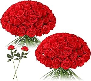 Tifuly 50pcs Red Roses in Bulk, Realistic Long Stem Fake Silk Roses Bouquet for Wedding Centerpiece Table Party Home Kitchen Decor