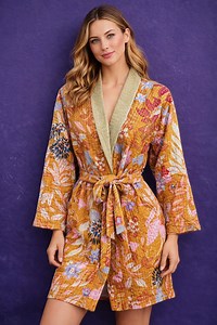 Kantha Cotton Robe, Block Print Kimono Robe, Handmade Floral Dressing Gown, Boho Cotton Bathrobe - Etsy Canada