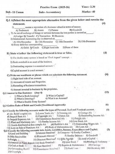 Mid term Accountancy question paper class 11 | half Year accountancy paper |class 11 account paper |