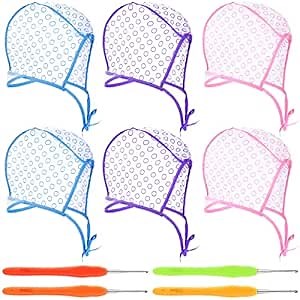 Waydress 6 Pieces Highlight Hair Cap Salon Hair Coloring Highlighting Dye Tipping Cap Frosting Caps with 4 Pieces Highlighting Needles Crochet Hooks for Dyeing Hairdressing Tool(Purple/Blue/Pink)