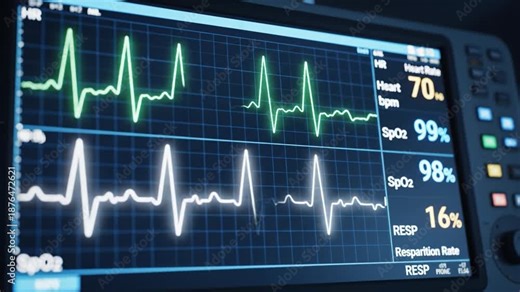 Hospital patient monitor displaying real time ECG waveform heart rate oxygen saturation respiration vital sign waveforms readings 71 bpm 98% 16 breaths per minute clinical monitoring hospital