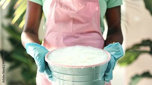 Cleaning lady wearing pink apron and blue gloves holding bucket full of house cleaning equipment. domestic chores, housekeeping, hygiene maintenance, tidy home
