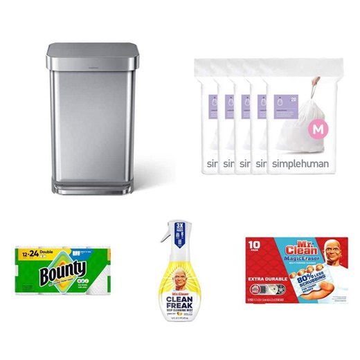 45L Step Trash Can, 45L Liners (100-Pack), Paper Towels (12 Rolls), Clean Freak Spray, Magic Erasers (10-Count) - The Home Depot