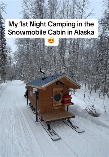 My 1st Night Camping in the Snowmobile Cabin in Alaska😍 #truckhouselife @Ski-Doo #alaska #tinyhome #cabin #snowmobile