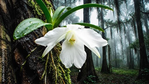 Rare Ghost Orchid Blooms in a Misty Swamp Forest