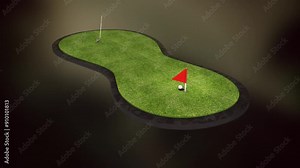 Looped animation of playing golf on an abstract eight-shaped field. Club strikes the ball and rolls it into the hole marked with red flag, then loops to the beginning again.