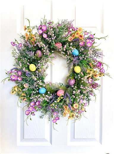 Easter Wreath With Wildflowers and Eggs, Cottage Style Spring Wreath, Whimsical Easter Door Wreath, Spring Wreath, Farmhouse Wreath, Gift - Etsy
