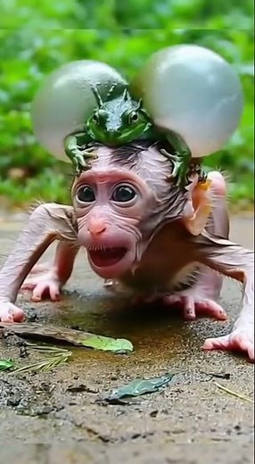 Frog sticking on baby monkey's head