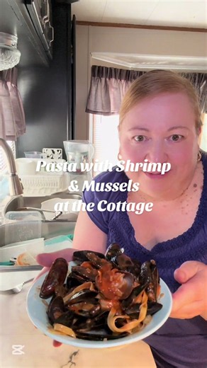 Easy, Fast 15-Minute Pasta with Mussels & Shrimp. I had leftover homemade sauce that I pulled out of the freezer for another meal but you can use whatever you have. This pasta was delicious. I am a little sad that there isn’t any for tomorrow. #easymeal #fyp #easymeals #cottage #pastatiktok