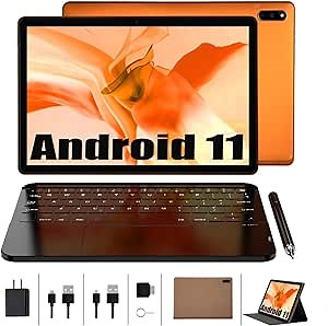 Android Tablet with Keyboard, 2 in 1 Tablet 10 inch Android 11.0 Tablet 4GB RAM 64ROM TF 128GB, 8MP+5MP Dual Camera, Quad Core, 8000mAh Google Certified Tablet PC (2022 Wi-Fi)
