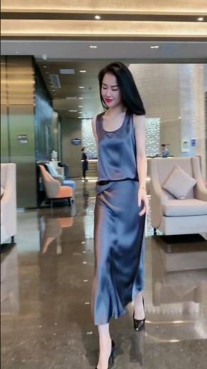 Sexy shiny slippery satin skirt and top.