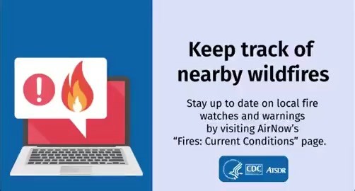 Wildfire smoke can lead to health risks such as trouble breathing, asthma attacks, headaches, and chest pain. Keep track of wildfires and air quality near you so you can stay safe. More wildfire safety tips: https://bit.ly/3LxsA9n | CDC