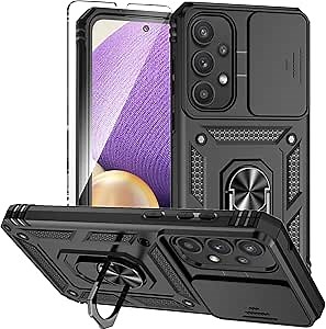 for Galaxy A35 5G Phone Case with Slide Camera Cover HD Screen Protector [Military Grade 16ft. Drop Tested] Magnetic Ring Kickstand Protective Phone Case for Samsung A35 5G, Black