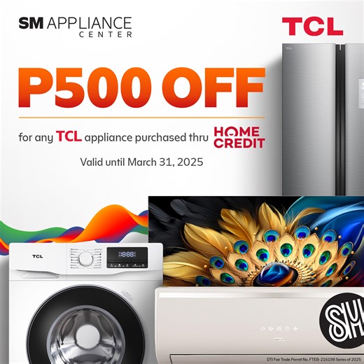 Discounts on installment purchases? Pwede yan with TCL and Home Credit!​ Any purchase of TCL TVs, Refrigerators, Air conditioners and Washing Machines through Home Credit Financing gives you P500 OFF. To avail, drop in store until March 31, 2025!​ 🚨Offer is EXCLUSIVE at #SMApplianceCenter.​ Like us on Facebook: https://bit.ly/33Pl8R2 ​ Follow us on Instagram: https://bit.ly/36iqep5 ​ Join us on Viber: https://bit.ly/3uNzk8V ​ ----------------​ Terms and conditions apply. ​ Per DTI Fair Trade Pe